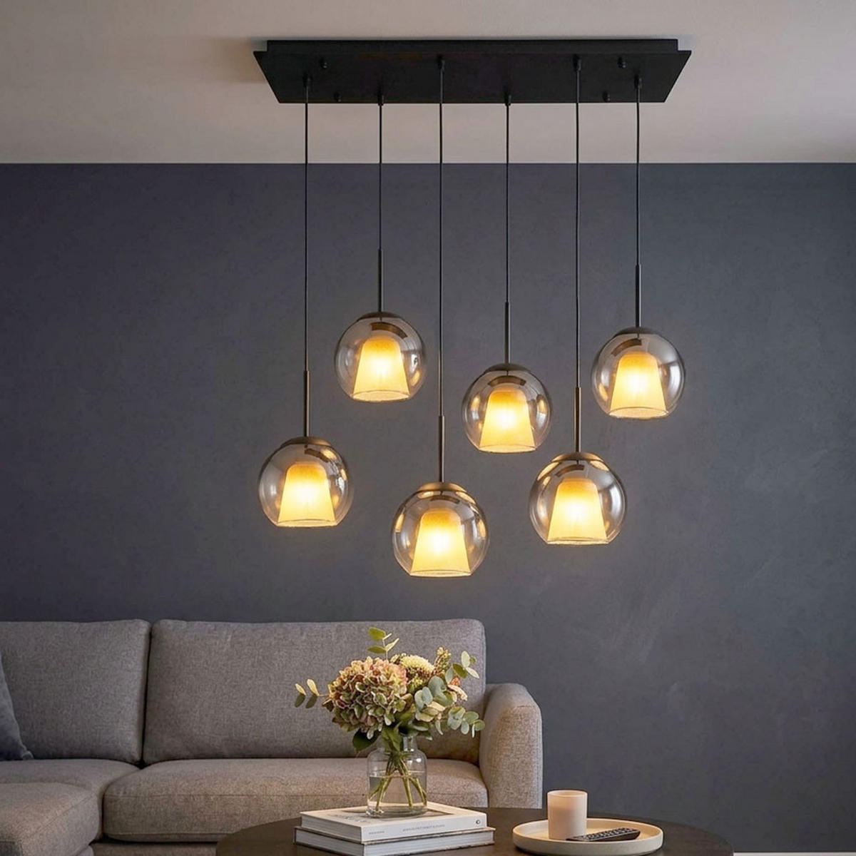 HÄNGELEUCHTE BARRY, Metall, Glas, Schwarz, 6-flammig - Schwarz, Glas (90/38/120cm) - Globo Lighting