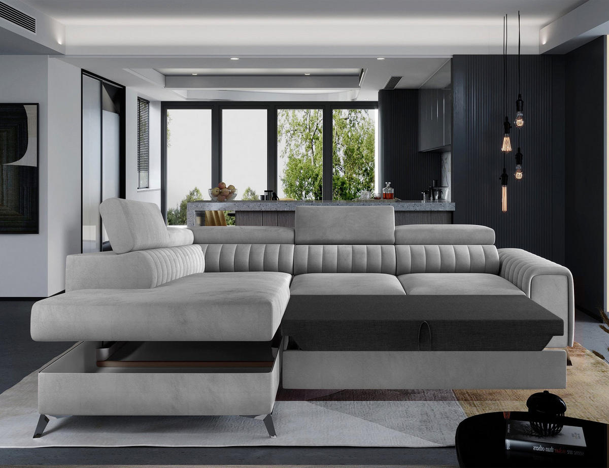 ECKSOFA Laurence mit Schlaffunktion & Bettkasten – 278 x 205 cm, verstellbare Kopfstützen - Grau, Kunststoff (278/205cm) - Wohnideebilder