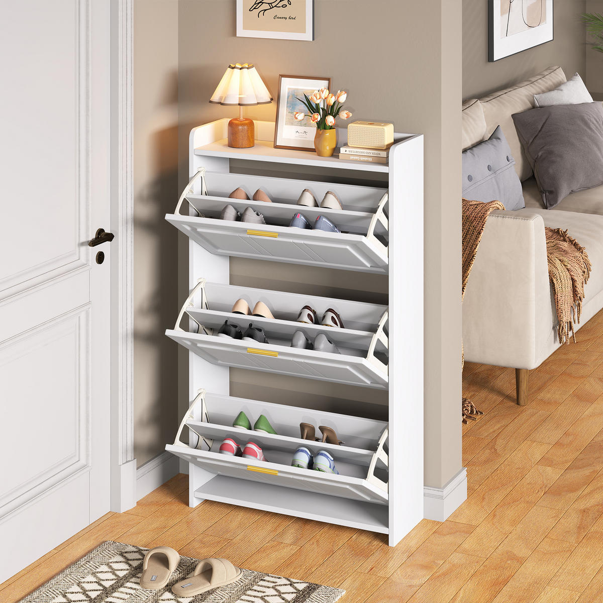 SCHUHSCHRANK in Weiß Schuhkommode mit 6 Fächern, ideal für Flur,Eingangsbereich, Wohnzimmer und Büro, B70/T24/H120cm - Weiß, Holzwerkstoff (70/120/23cm) - STILVORA