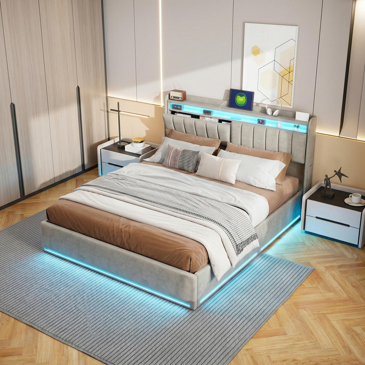 POLSTERBETT 140/200 cm grau mit Stauraum, LED und USB - Grau, Holz - SHOPENTRA