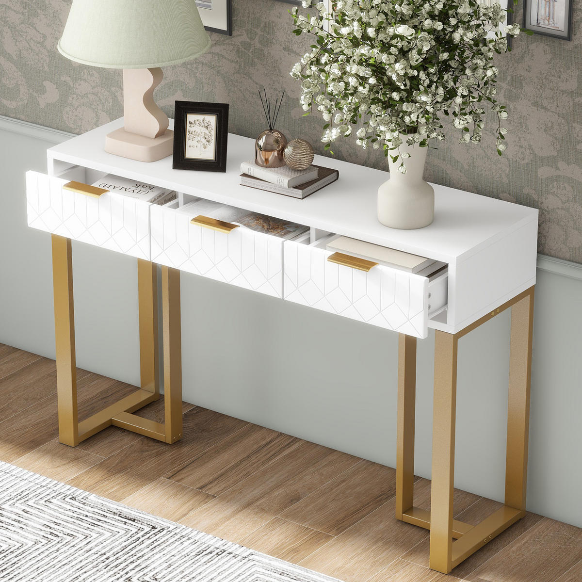 BEISTELLTISCH in Weiß und Gold Konsolentisch mit Schubladen für Wohnzimmer, Flur und Büro, B120/T36/H80 cm - Goldfarben/Weiß, Holzwerkstoff/Metall (36/120/80cm) - STILVORA