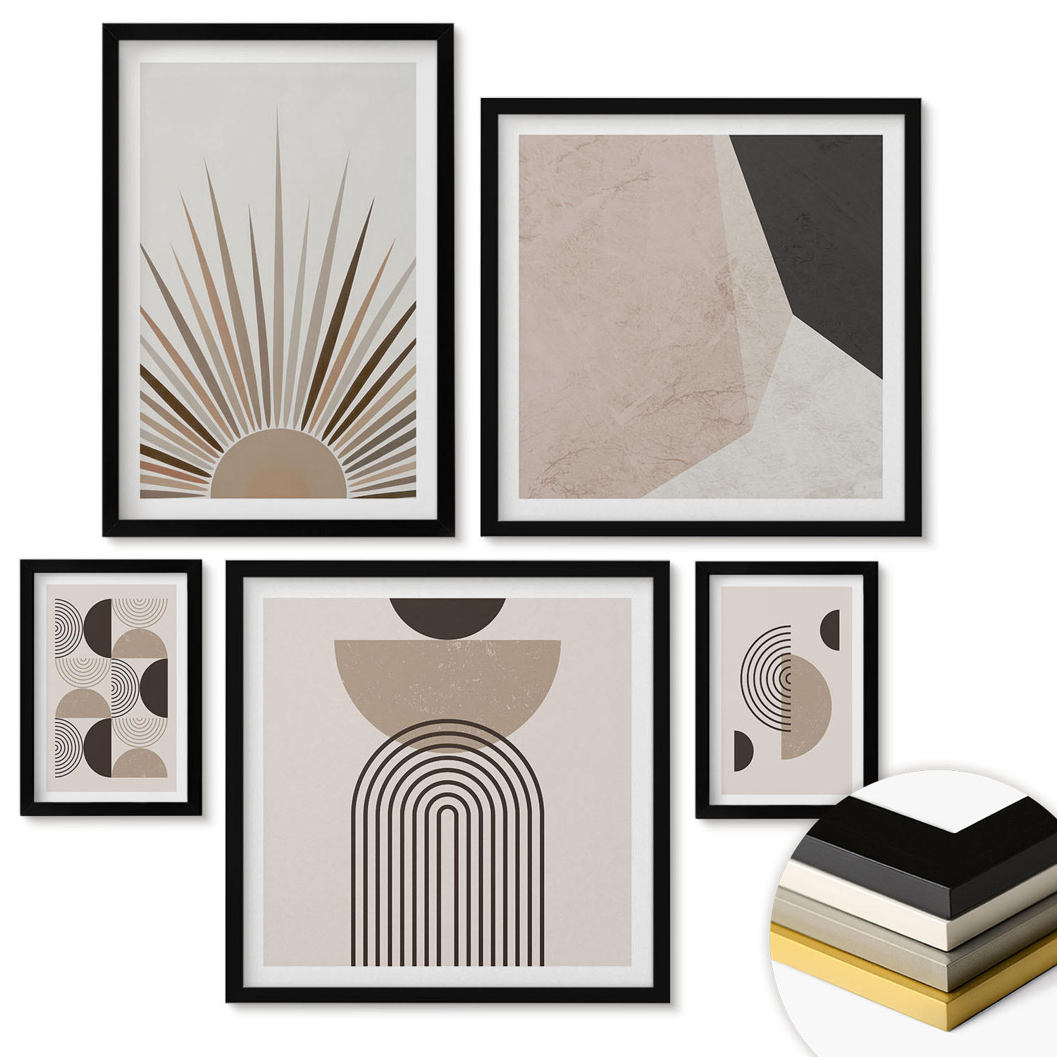 WANDBILDER 5er-Set - 50x50 cm & 20x30 cm & 40x60 cm Schwarzer Rahmen - Abstrakte beige und braune Formen - Schwarz, Kunststoff (40/60cm) - ArtPrintCave