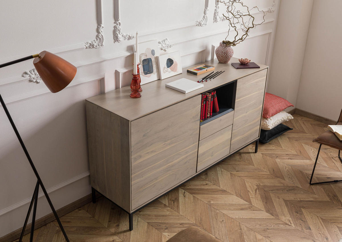 SIDEBOARD Akazie 160x45x85 grau-weiß geölt CHICAGO #04 - Braun, Holz (160/85/45cm) - Massivmoebel24