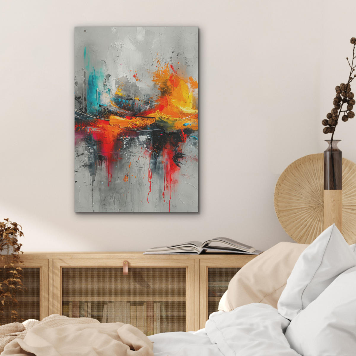 AKUSTIKBILD Moderne Kunst - Orange - Grau - Abstrakt Kunstdruck Schlafzimmer 50x70 cm - Hellgrau, Kunststoff (50/70/0.9cm) - MuchoWow
