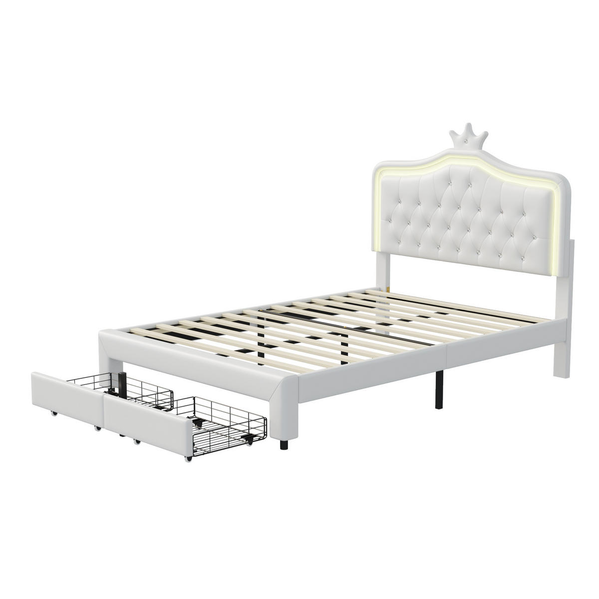 POLSTERBETT 140x200 cm Weiß PU Doppelbett mit LED Kronenkopfteil & 2 Aufbewahrungsschubladen - Weiß, Leder (140/200cm) - CASIVA