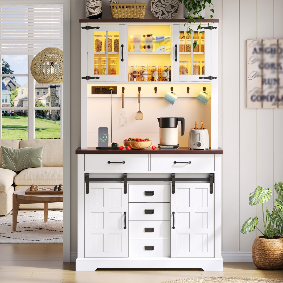 HIGHBOARD in Weiß Mehrzweckschrank mit verstellbare Einlegeböden, Steckdose und LED, B 108/T 40/H 180cm - Weiß, Holzwerkstoff (108/180/40cm) - STILVORA