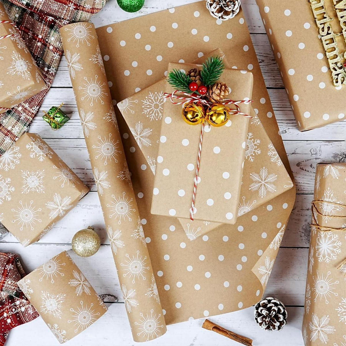 GESCHENKPAPIER Rolle Weihnachten 43 cm x 10 m Schneeflocken Dots Design - Braun, Papier (43/0.1/1000cm)