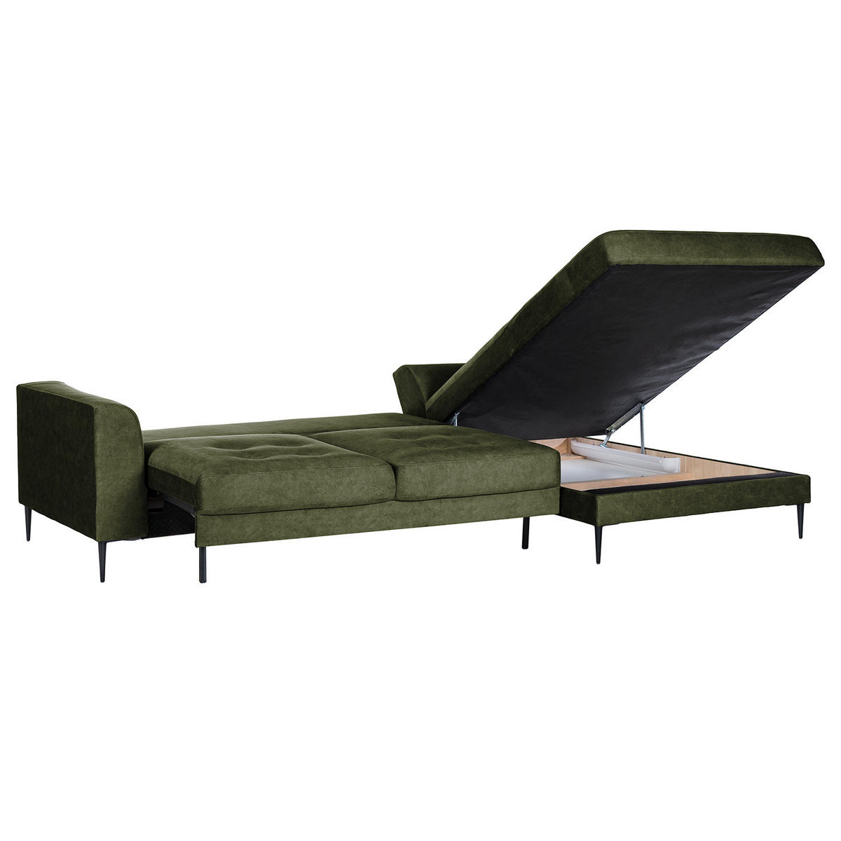 ECKSOFA mit Longchair - Dunkelgrün/Schwarz, Textil/Metall (275/168cm) - home24