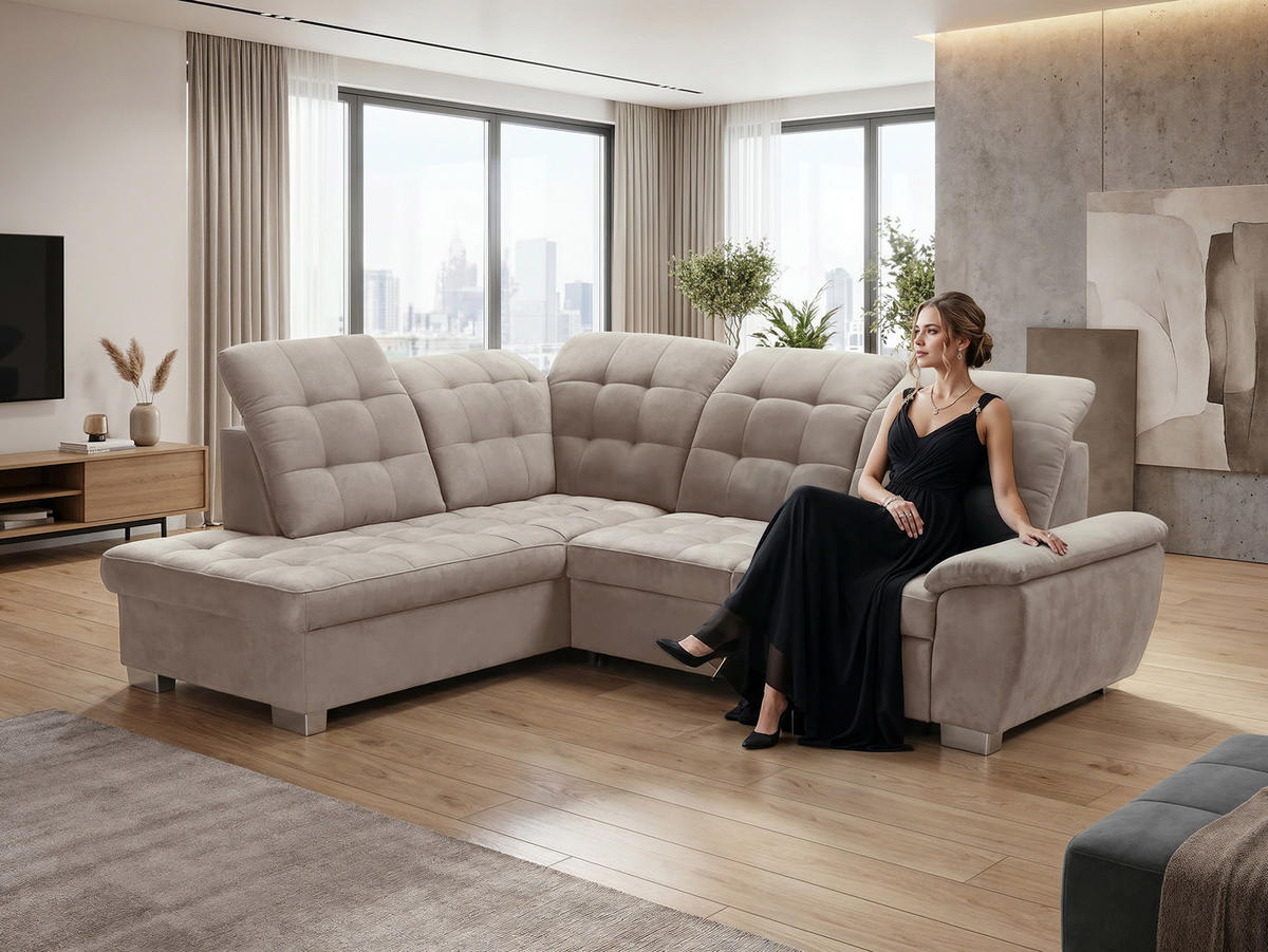 ECKSOFA LENO Links, mit Schlaffunktion und Bettkasten, Beige - Beige, Kunststoff/Textil (261/220cm) - Idohome