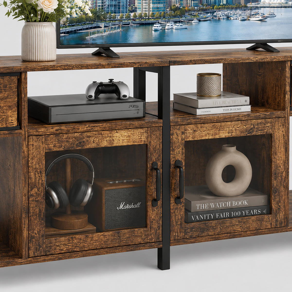 TV-LOWBOARD Braun Schwarz Industrial mit Stauraum 180 cm - Braun, Holzwerkstoff/Textil (180/60/40cm) - Relaxdays