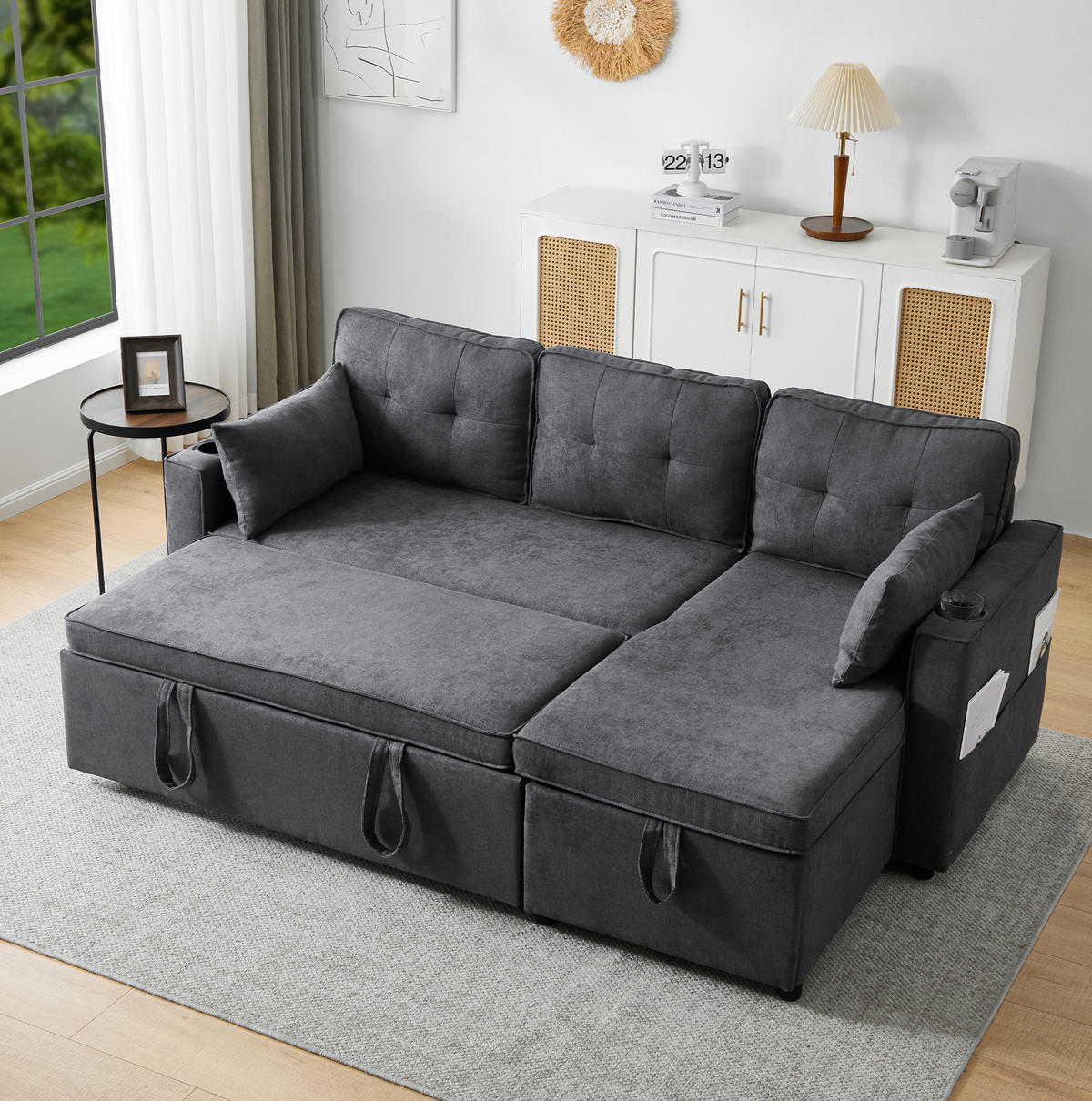 SCHLAFSOFA Baumwolle/Leinen mit Stauraum & Getränkehalter, 211/130/86 cm, Grau - Grau, Textil (130/86/211cm) - Redom