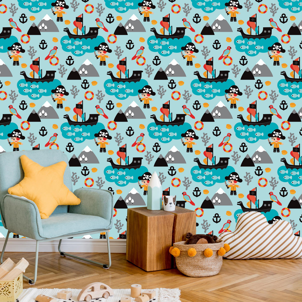 VLIESTAPETE Piraten, Schiffe und Meer – Türkis, Bunt – 50x1000 cm - Türkis/Multicolor, Papier (50/1000cm) - Muralo