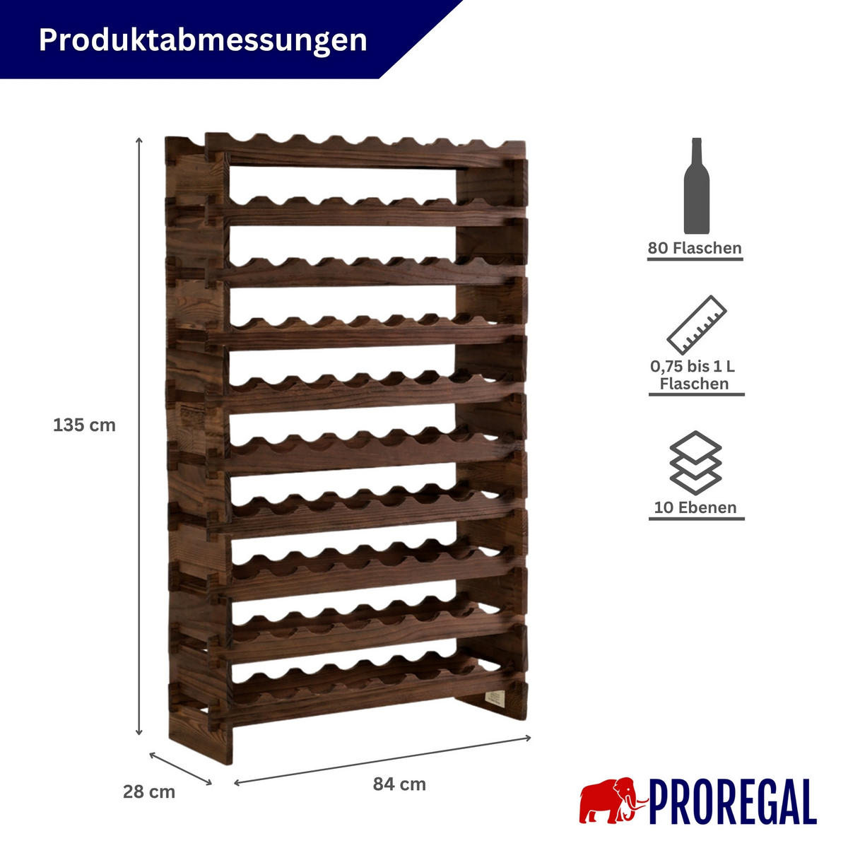 WEINREGAL NAVARRA aus Holz 135x84x28cm 80 Flaschen auf 10 Ebenen Braun geölt - Braun, Holz (84/135/28cm) - PROREGAL