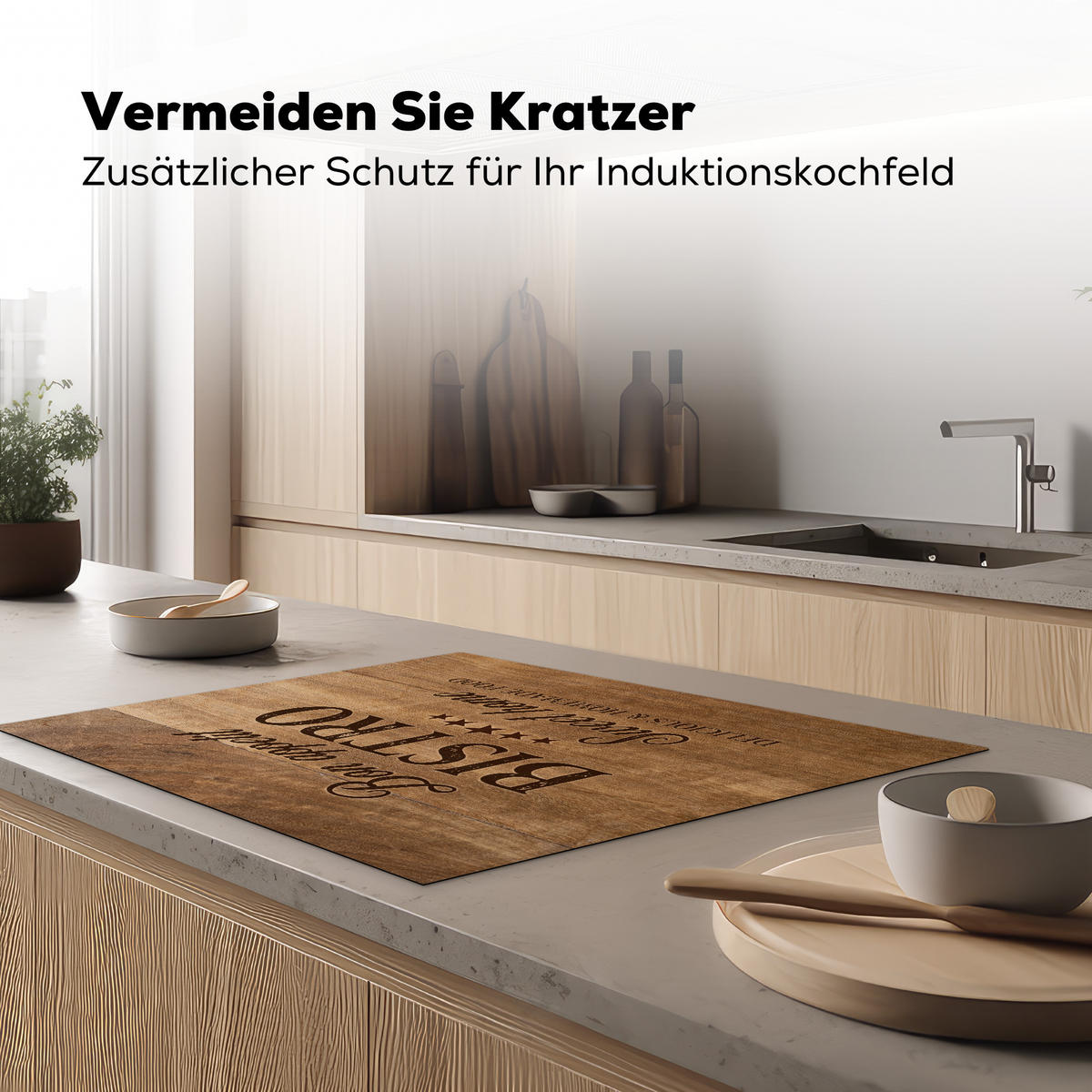 HERDABDECKPLATTE Zitat - Bistro - Guten Appetit - Süßes Zuhause - Holzmaserung Induktionsmatte 77x59 cm - Braun, Kunststoff (77/59/0.2cm) - MuchoWow