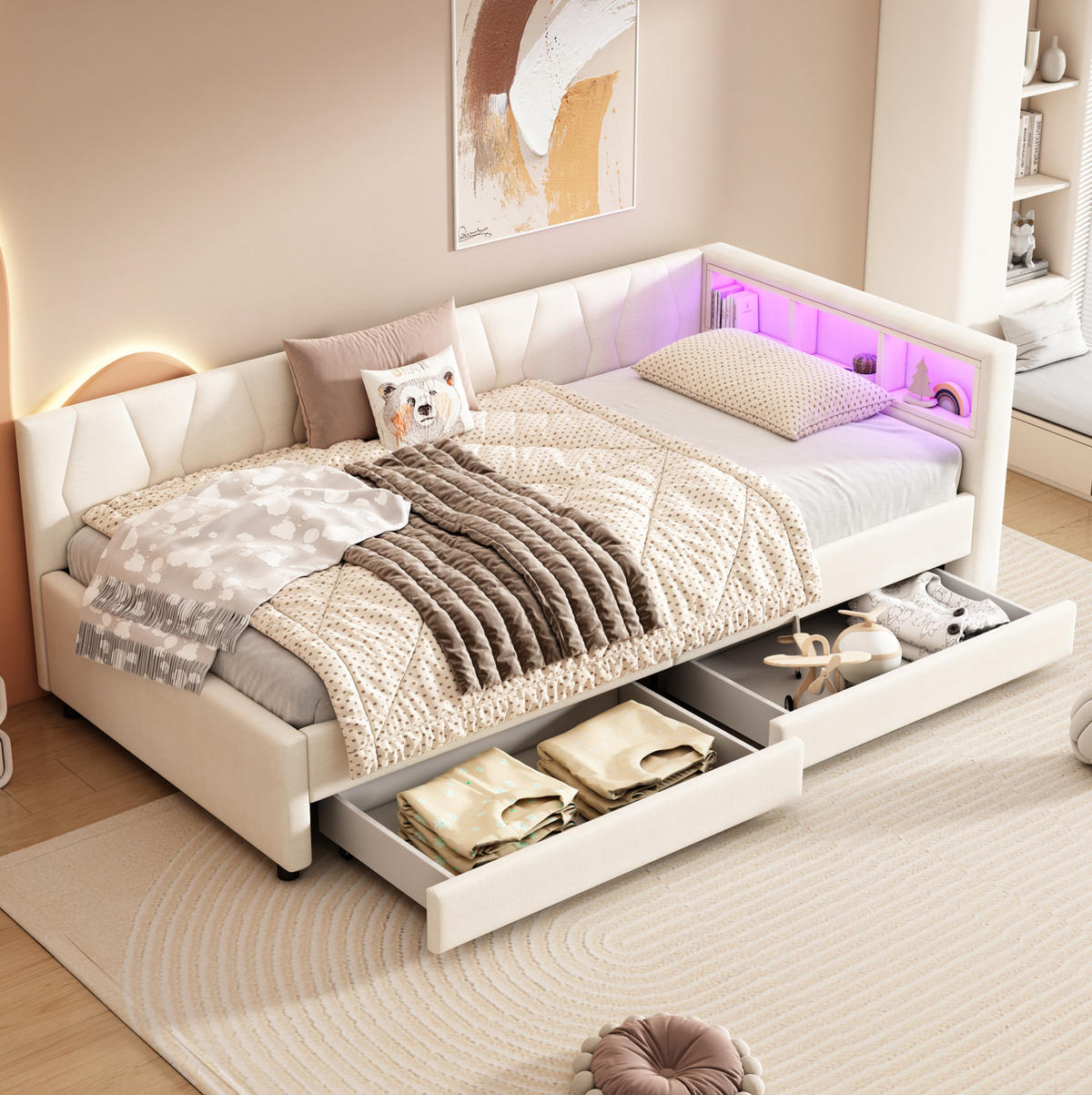 POLSTERBETT 90/200 cm in Beige mit LED-Beleuchtung, 2 Schubladen und USB- und Type-C-Anschlüssen - Beige, Textil (90/200cm) - Flora Grace