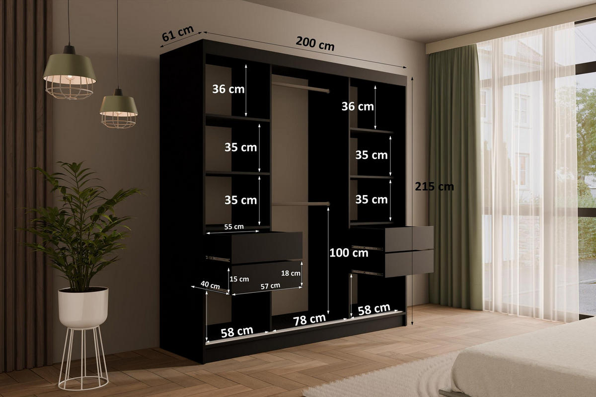 KLEIDERSCHRANK mit Spiegel V2-VITA 215x200 cm - Schwarz|Grau - Schwarz/Grau, Holzwerkstoff (200/215/61cm) - ALTDECOR