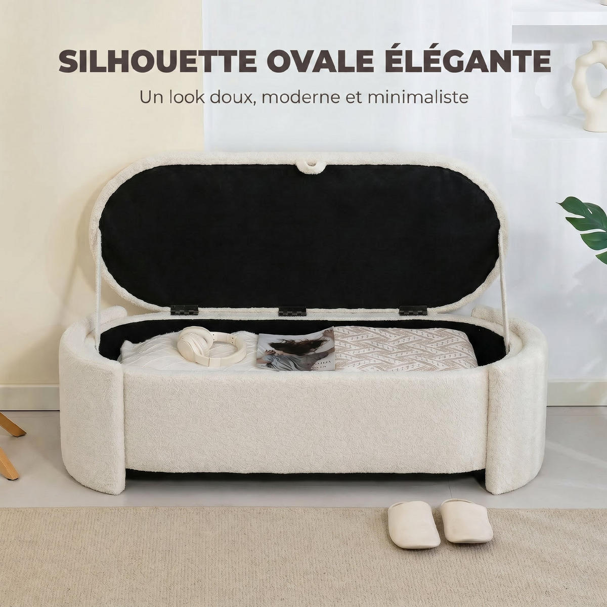 TRUHENBANK DE-16459 oval mit Teddyfell-Bezug und Stauraum Creme - Creme, Textil (129/44/48.5cm) - ComfortXL