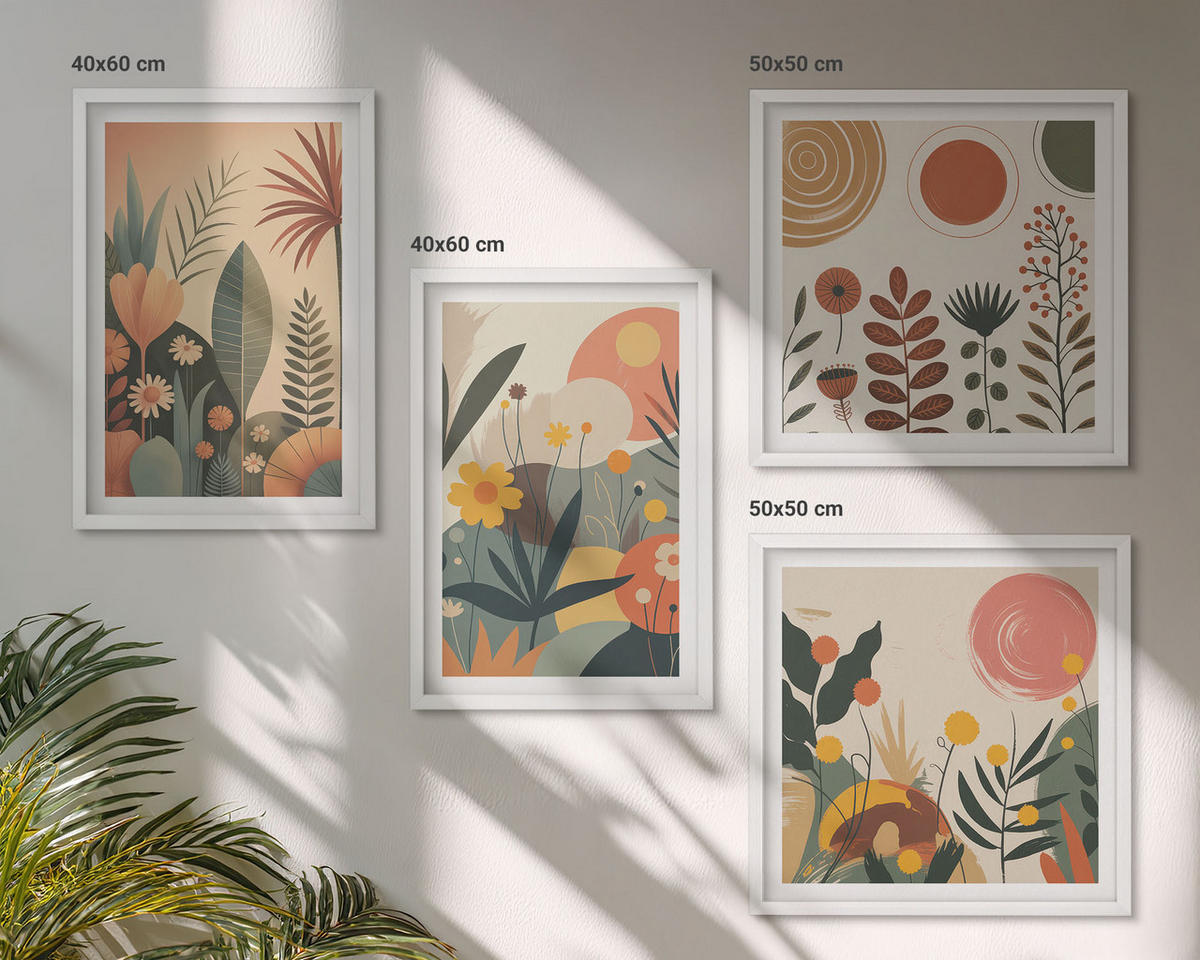 BILDER SET 4er Set - 50x50 cm & 40x60 cm Weißer Rahmen - Boho-Pflanzenmuster - Weiß, Kunststoff (50/50cm) - TULUP