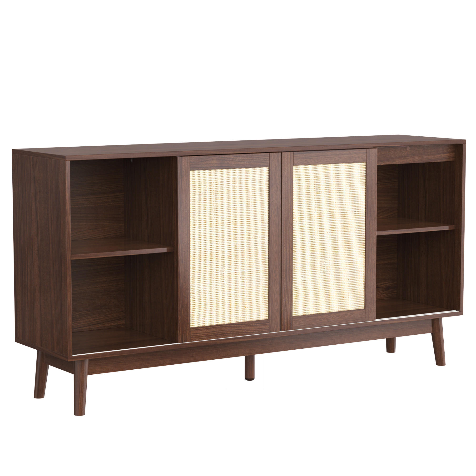 SIDEBOARD DE-38889 155/38/80 cm 3 Rattan-Schiebetüren und 2 Schubladen Dunkles Holz - Walnussfarben, Holzwerkstoff (155/80/38cm) - ComfortXL