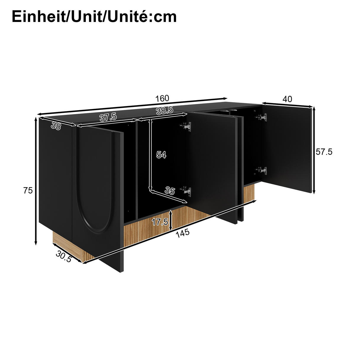 KOMMODE 160/75/38 cm Schwarz aus Spanplatte mit 4 Türen - Schwarz, Holzwerkstoff (38/75/160cm) - OKMYHOME