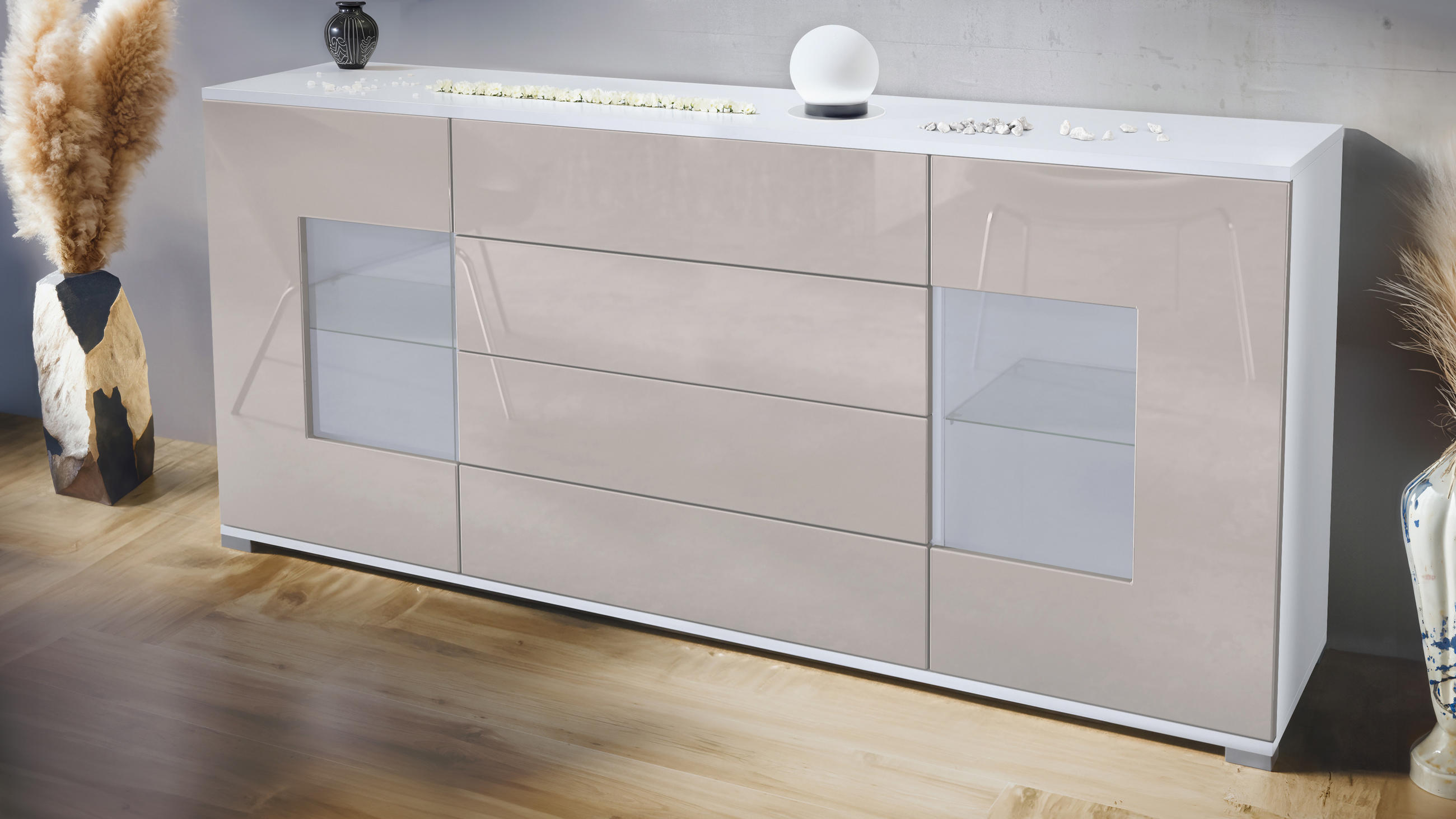 SIDEBOARD Grömitz Sandgrau Hochglanz - Sandfarben, Holzwerkstoff (166.5/75.5/35cm) - Vladon