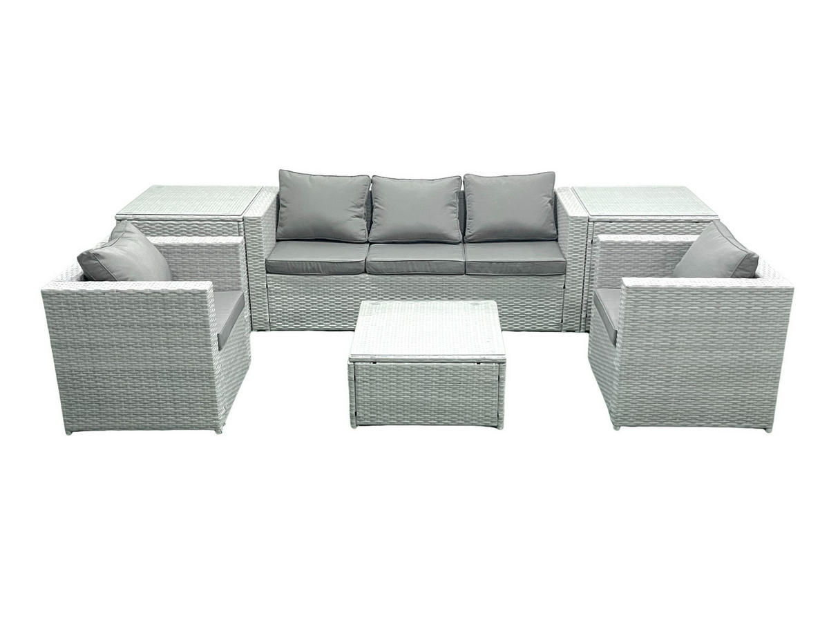 GARTENMÖBEL-SET mit Kissen Polyrattan Hellgrau-Mix 5-Sitzer - Hellgrau/Grau, Glas/Kunststoff - Fimous