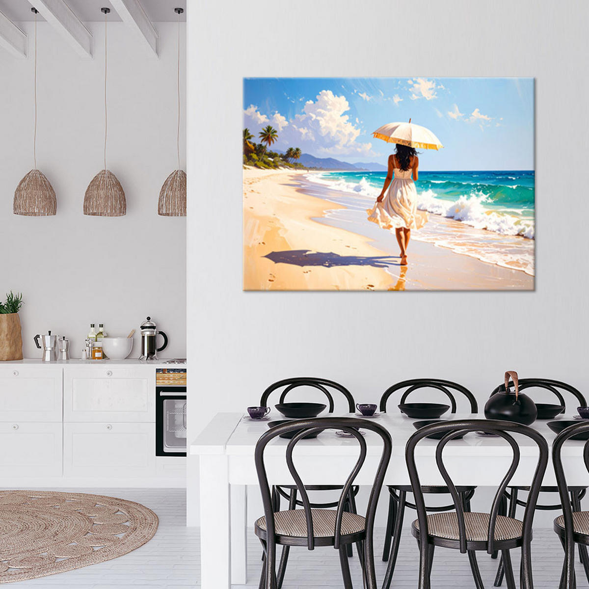 LEINWANDBILD Frau mit Sonnenschirm spaziert am Strand 100x70cm - Beige, Textil (100/70cm) - Feeby