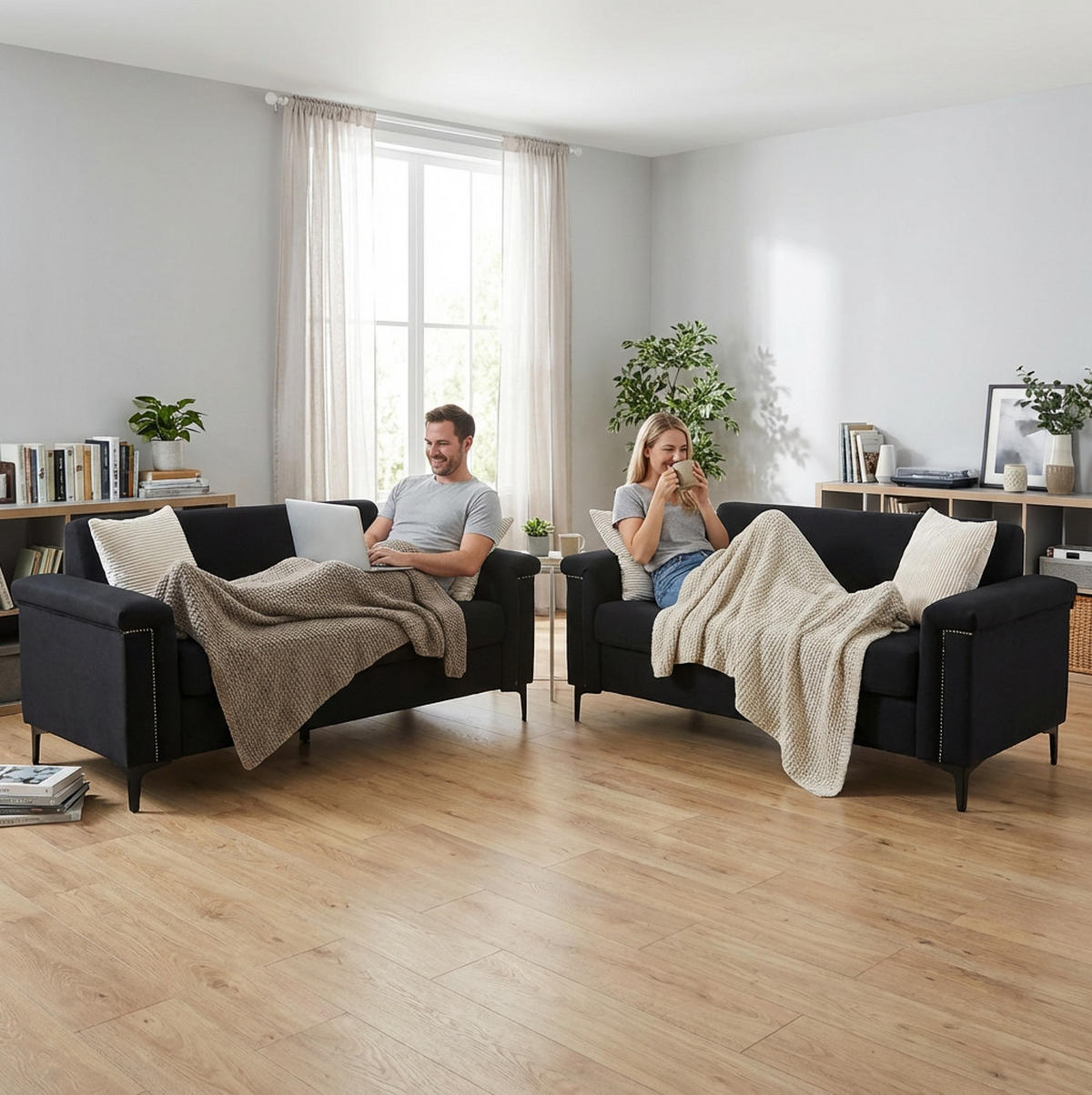 SOFA 2er-Set 172 cm Schwarz Stoff mit Metallfüßen - Schwarz, Holz (73.5/81.5/172.1cm) - Meubliv