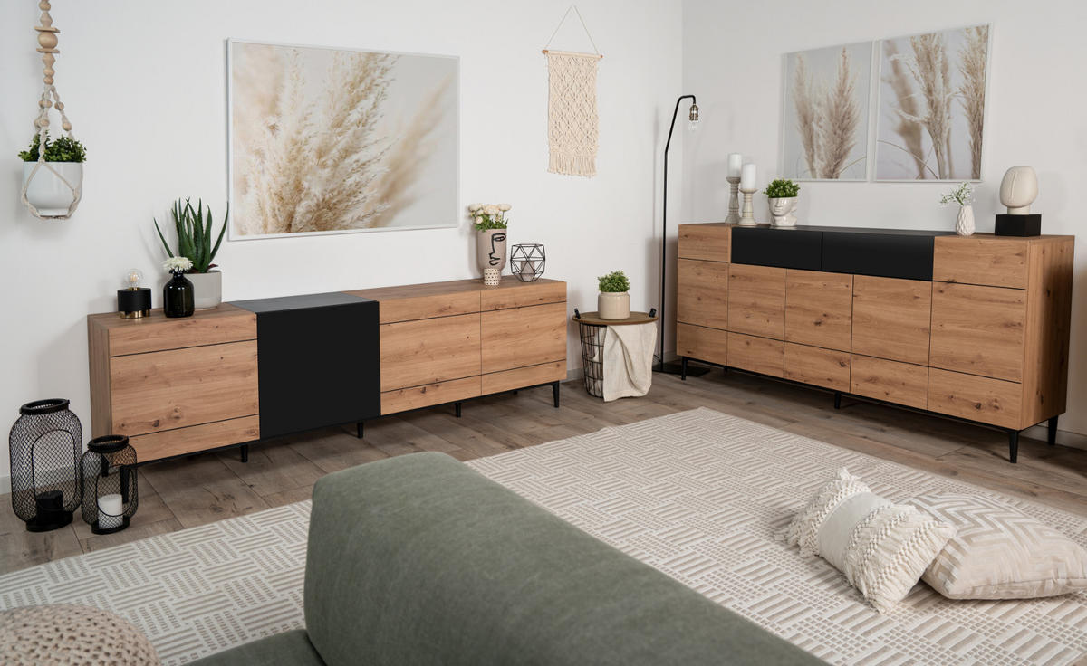 TV-LOWBOARD Eiche Artisan, schwarz 200 cm, Fernsehtisch mit Komforthöhe - Schwarz/Eiche Artisan, Holzwerkstoff (200/65/42cm) - Furn.Design