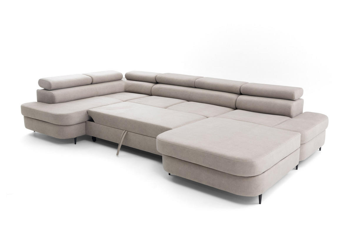 ECKSOFA U-Form PRIAM U Links mit Schlaffunktion 126x270 Velours Cream - Creme/Schwarz, Holz/Textil (350/91/203cm) - Muffo