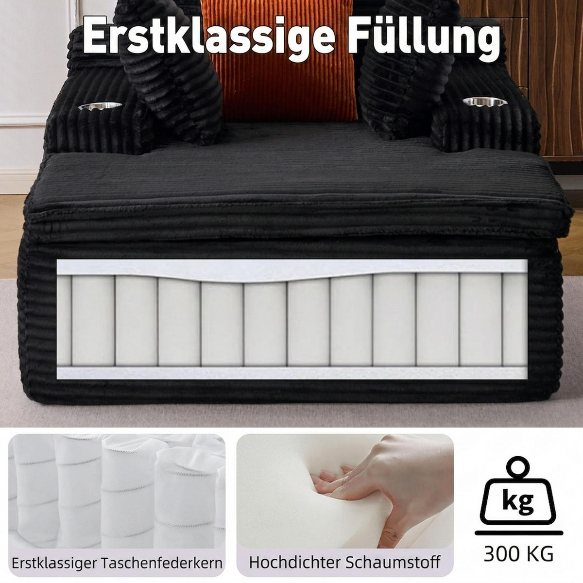 SCHLAFSOFA 165/112/63 cm Schwarz mit Chaiselongue, 3 Kissen und 1 Decke - Schwarz, Textil (112/63/165cm) - Oxeza