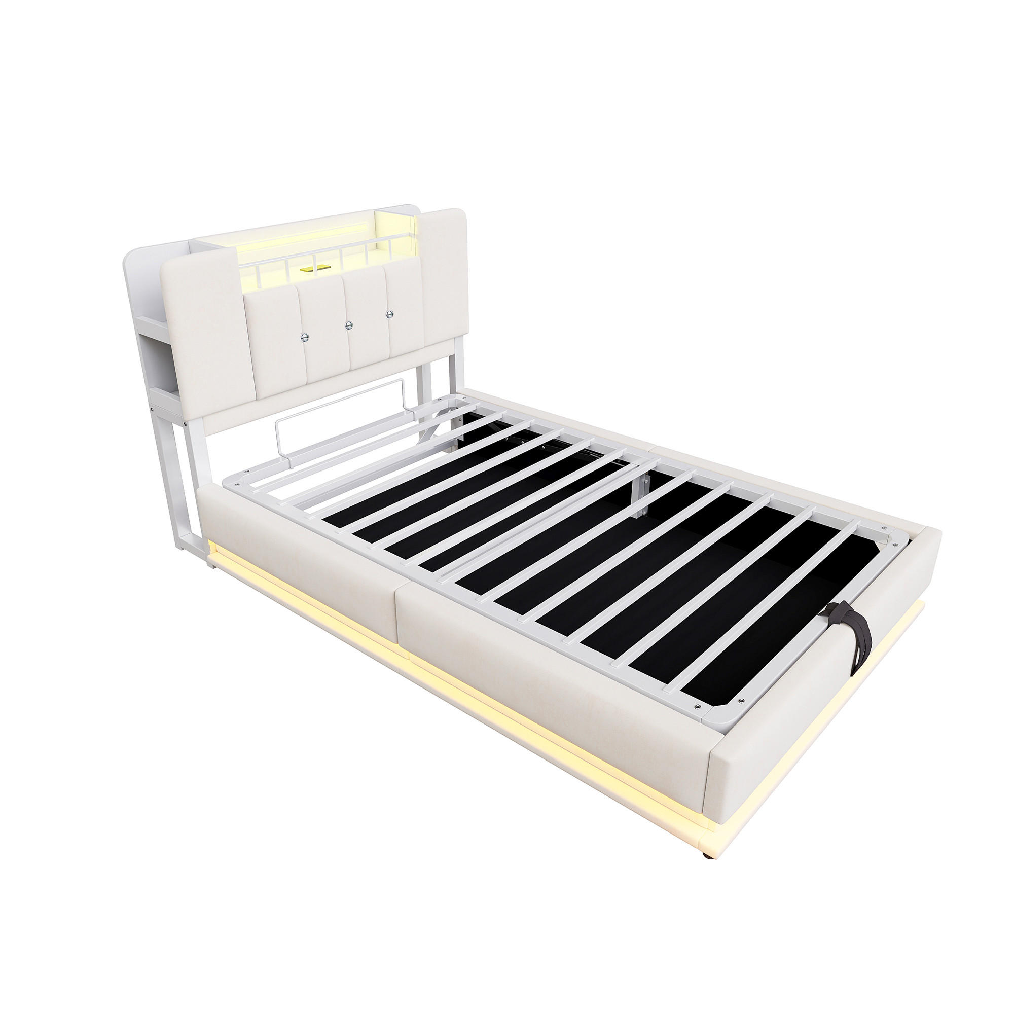 STAURRAUMBETT 90/200 cm DE-02114, in Beige, mit LED, USB und Hydraulik - Beige, Metall (90/200cm) - ComfortXL