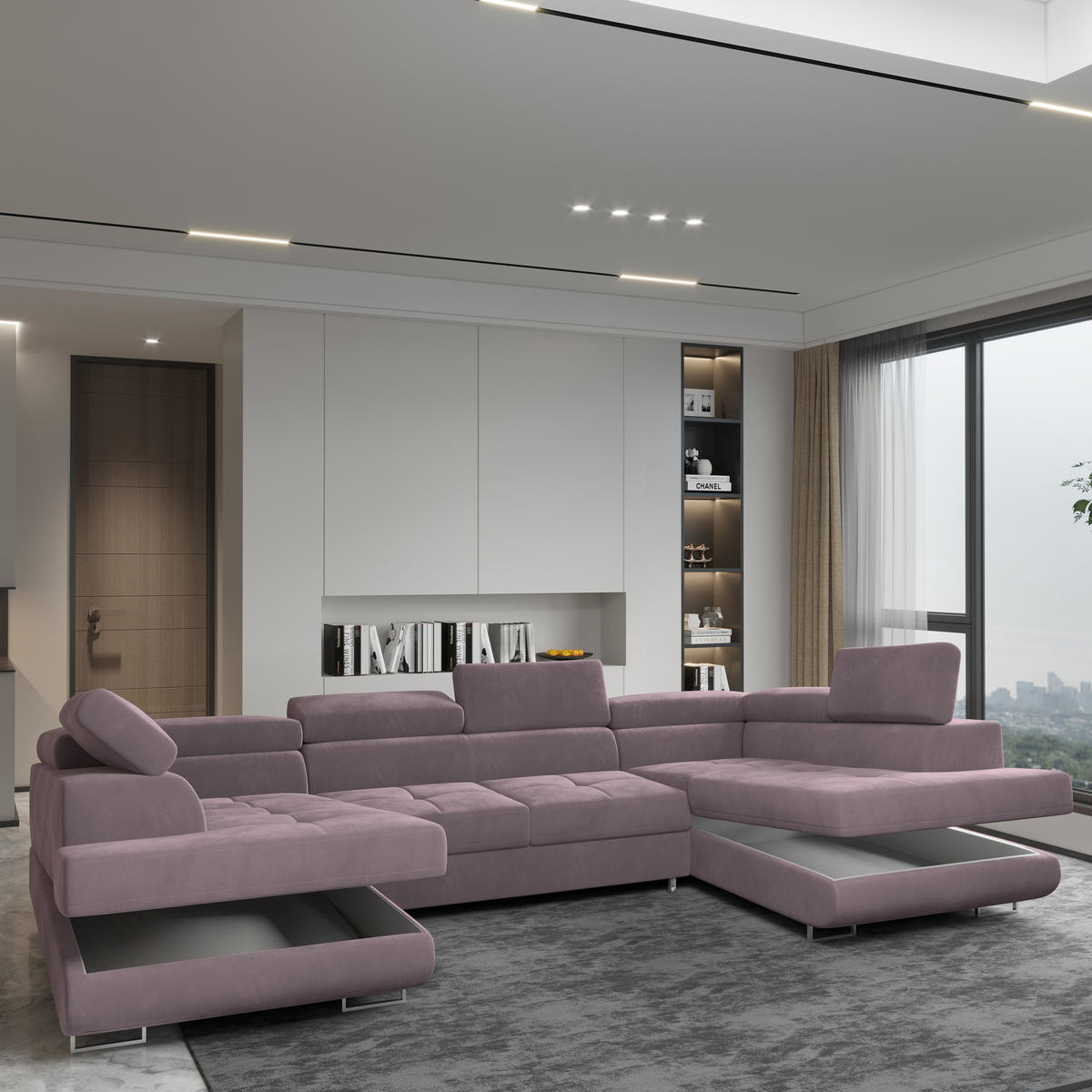 WOHNLANDSCHAFT RAGGIO Lila Velours-Stoff mit Schlaffunktion - Lila, Holz (336/90/202cm) - MASSENO