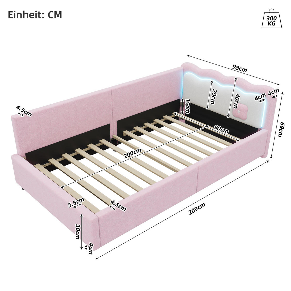 TAGESBETT 90/200 cm mit LED-Ambientebeleuchtung und Lattenrost aus Vliesimitat, Rosa - Rosa, Textil (90/200cm) - Redom