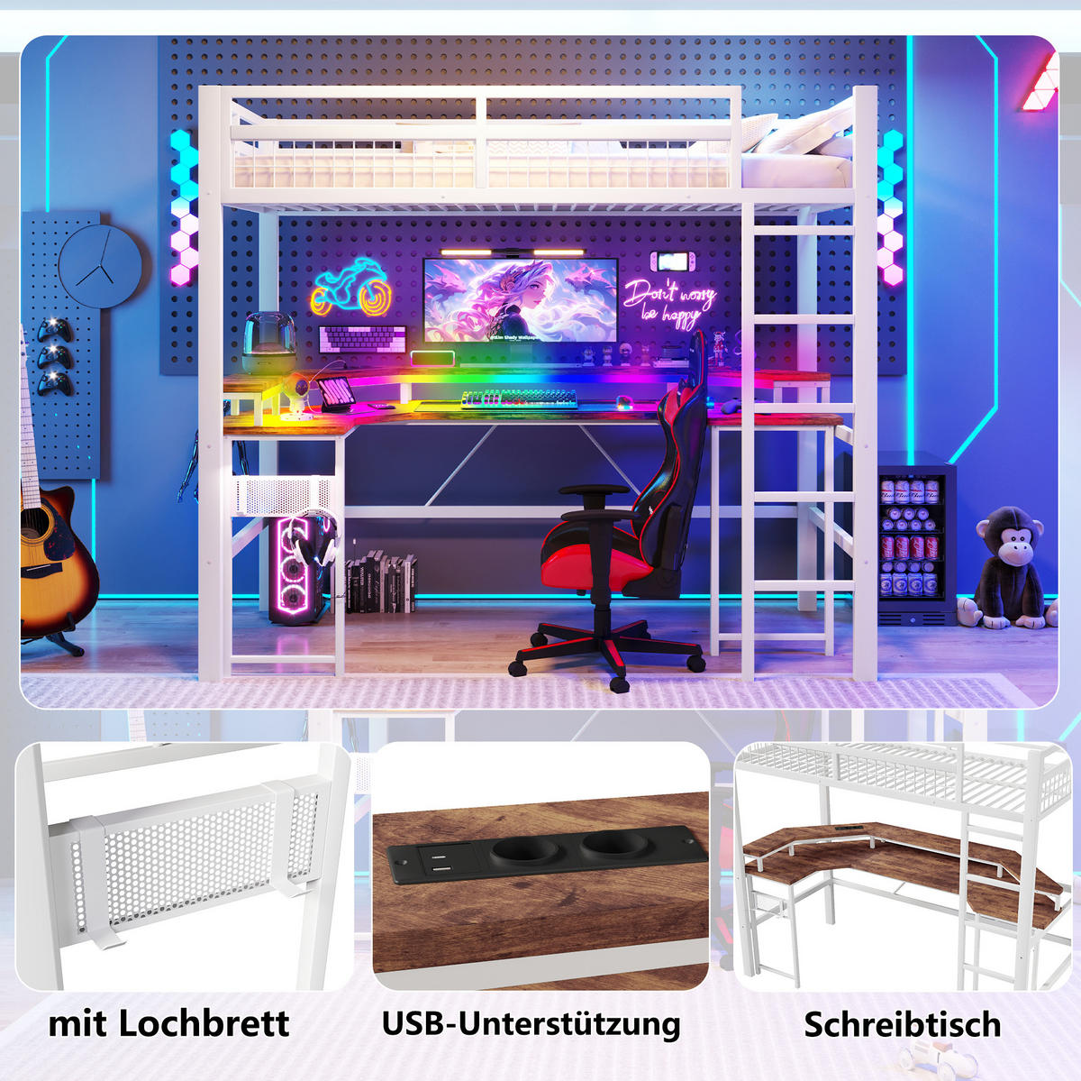 HOCHBETT 90/200 cm in Weiß mit Schreibtisch und LED-Beleuchtung - Weiß, Metall (90/200cm) - Flora Grace
