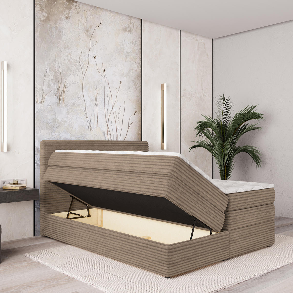 BOXSPRINGBETT LUNERA 140x200 cm mit Matratze und Topper - Beige - Beige, Holz (140/200cm) - MASSENO