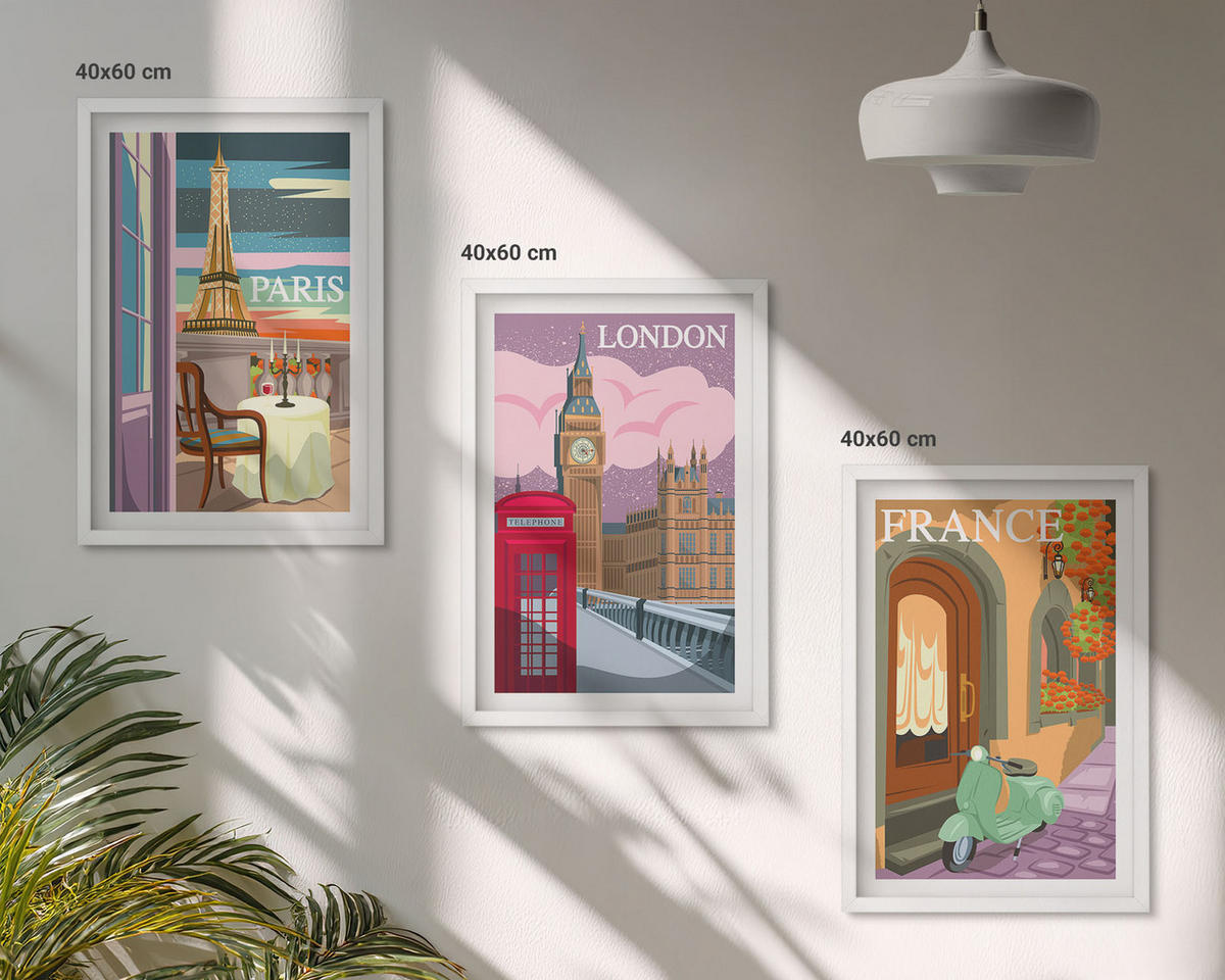 WANDBILDER 3er-Set - 40x60 cm Weißer Rahmen - Ansichten Paris London Retro - Weiß, Kunststoff (40/60cm) - ArtPrintCave