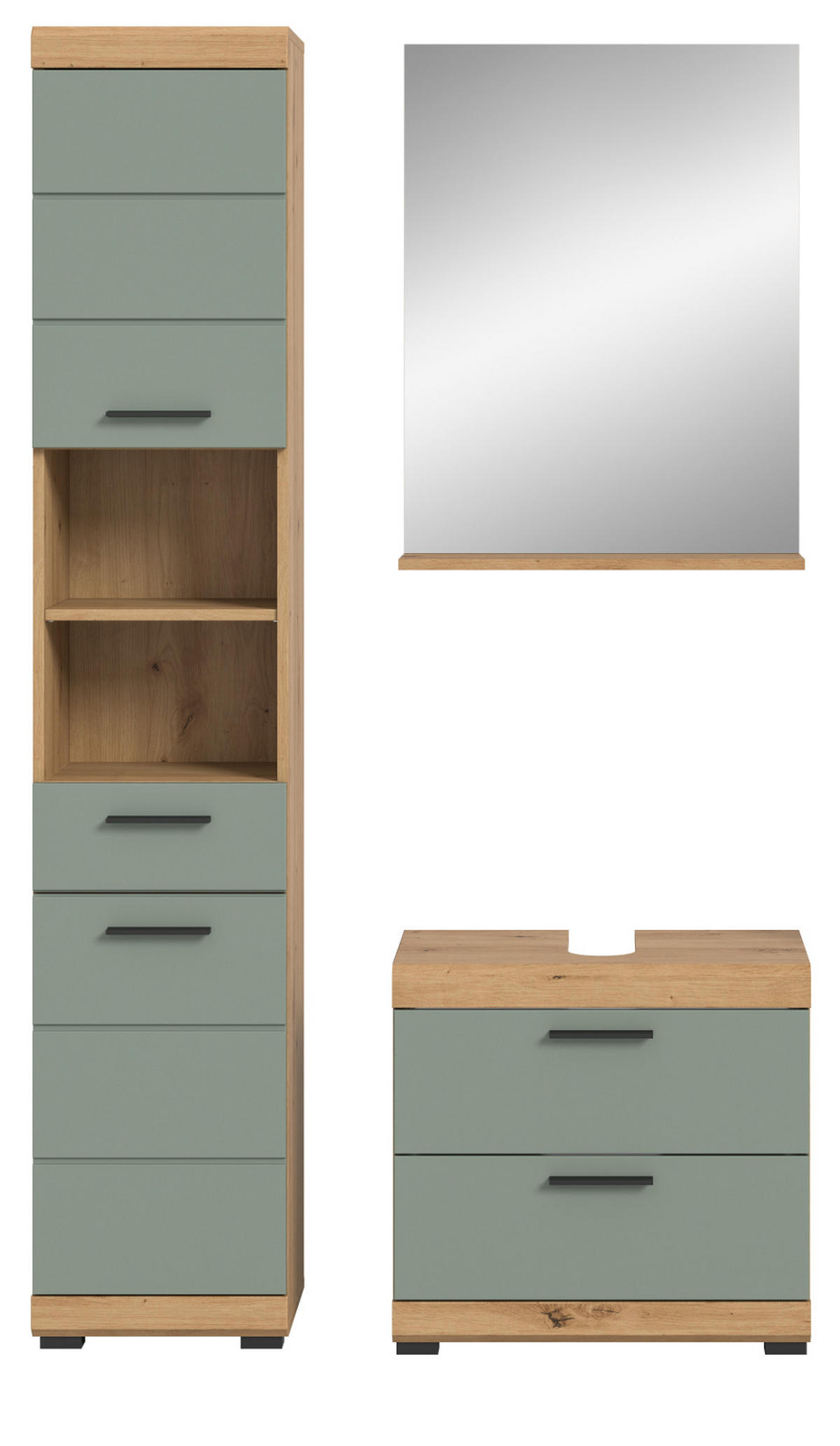 BADMÖBEL-SET Salbei grün, Eiche Artisan 3-teilig 112 cm, Komplettset mit viel Stauraum - Salbeigrün/Schwarz, Glas/Holzwerkstoff (112/191/37cm) - Inn.Furn