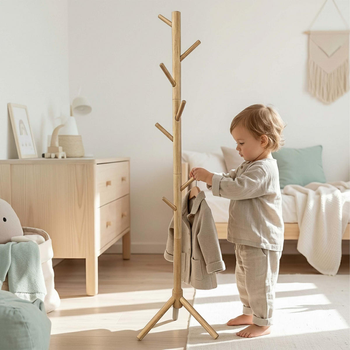 GARDEROBENSTÄNDER Natur Kiefernholz 8 Haken 175 cm - Hellbraun, Holz (50/175/50cm) - Relaxdays