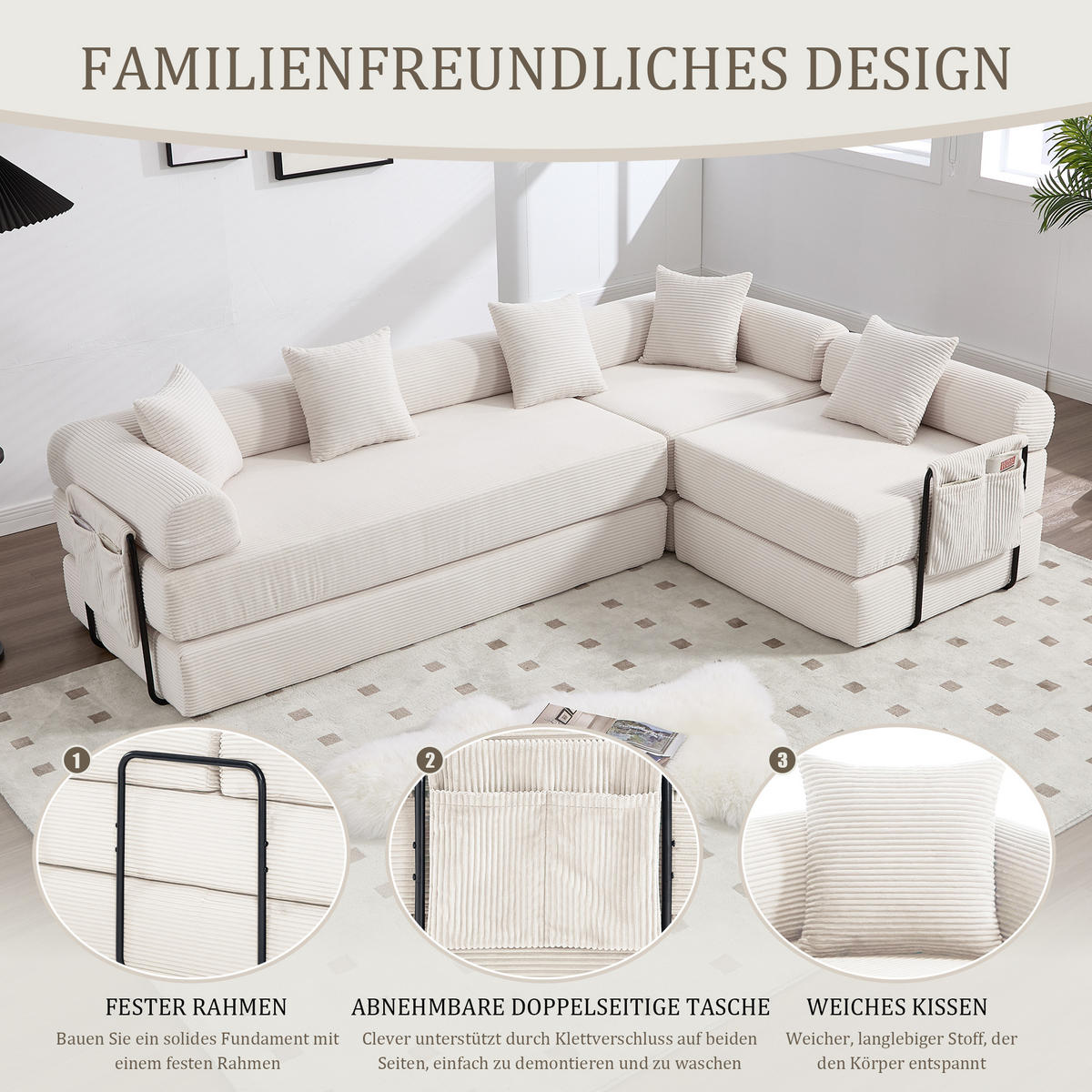 SCHLAFSOFA 270/180/64 cm Beige mit Integrierte Seitentaschen - Beige, Textil (270/64/180cm) - Oxeza