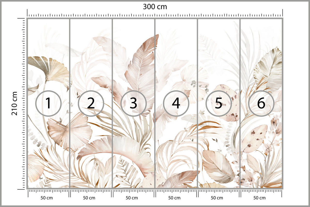 FOTOTAPETE für Esszimmer Beige Palmenblätter Tropisch Boho 300x210 - Beige/Orange, Papier (300/210cm) - Muralo