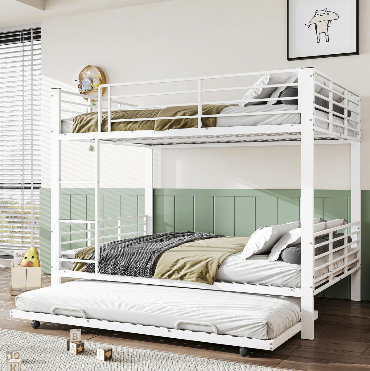 ETAGENBETT 140x200 cm in Mattweiß mit ausziehbarem Unterbett für 3 Schlafplätze - Weiß, Metall (140/200cm) - IVMEU
