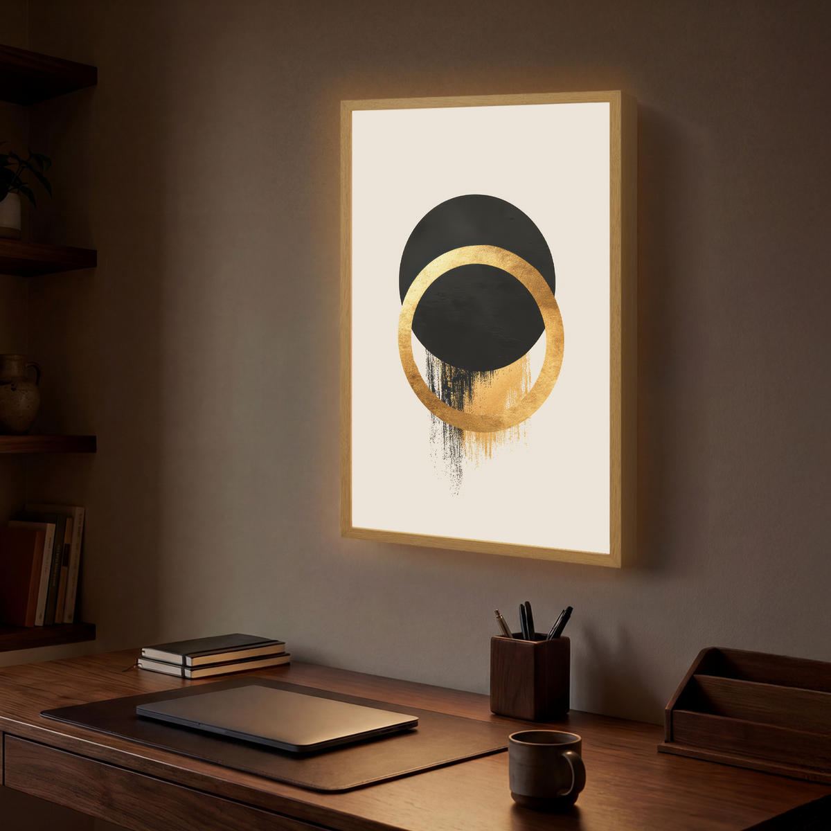 WANDLEUCHTE MIT AKKU Abstraktes Design - Schwarzer Kreis - Farbflecken 40x60 cm - Creme, Holzwerkstoff (40/60/8cm) - OnlyWow