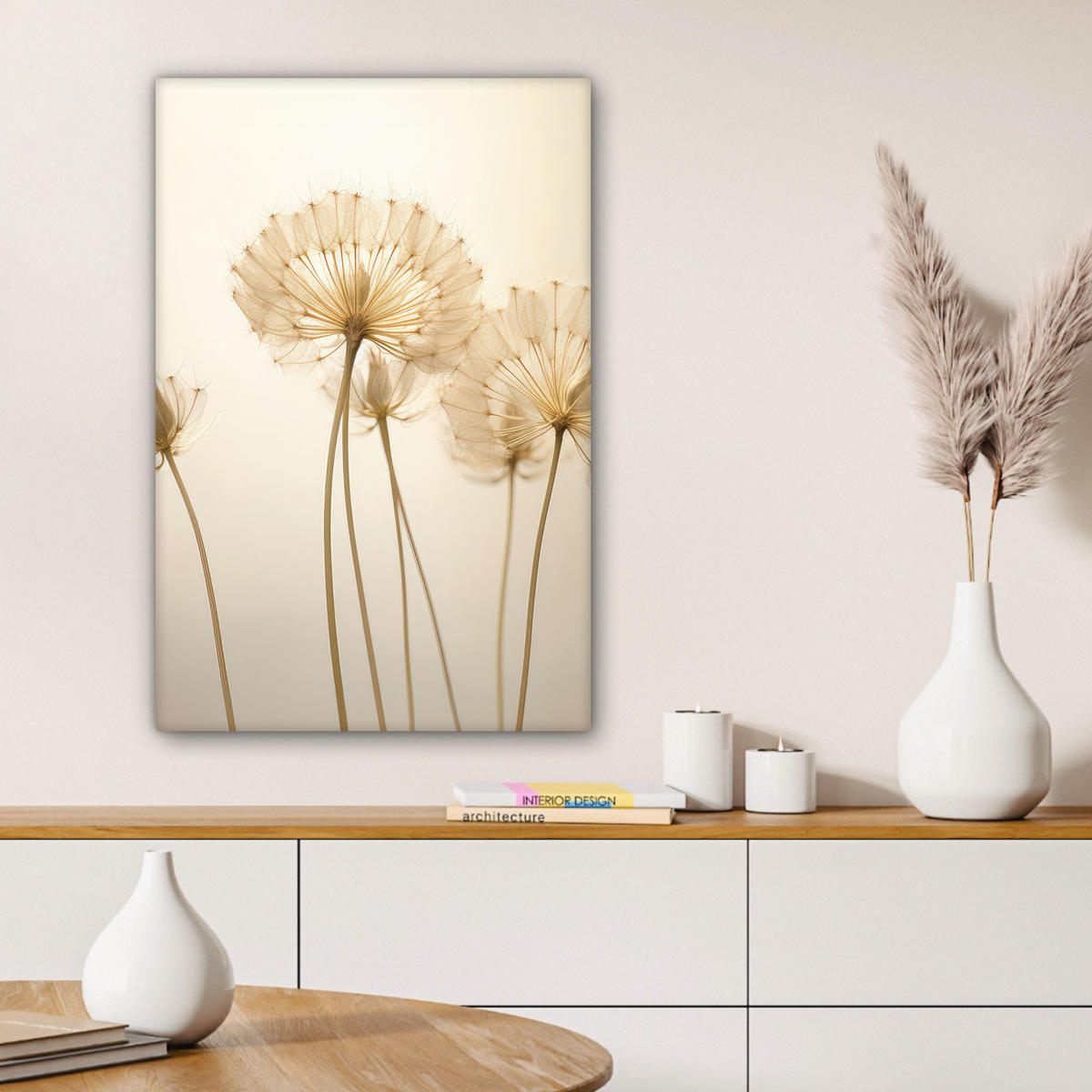 LEINWANDBILD Sonnenlicht - Löwenzahn - Botanisch - Blumen Wanddeko Schlafzimmer 60x90 cm - Creme, Textil (60/90cm) - MuchoWow