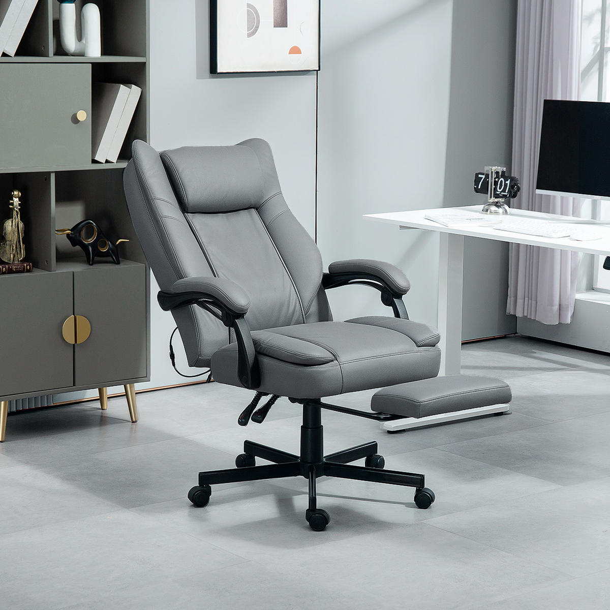 BÜROSTUHL mit Massagefunktion, Ergonomischer Schreibtischstuhl mit Liegefunktion - Grau, Kunststoff (64/120/69cm) - HOMCOM