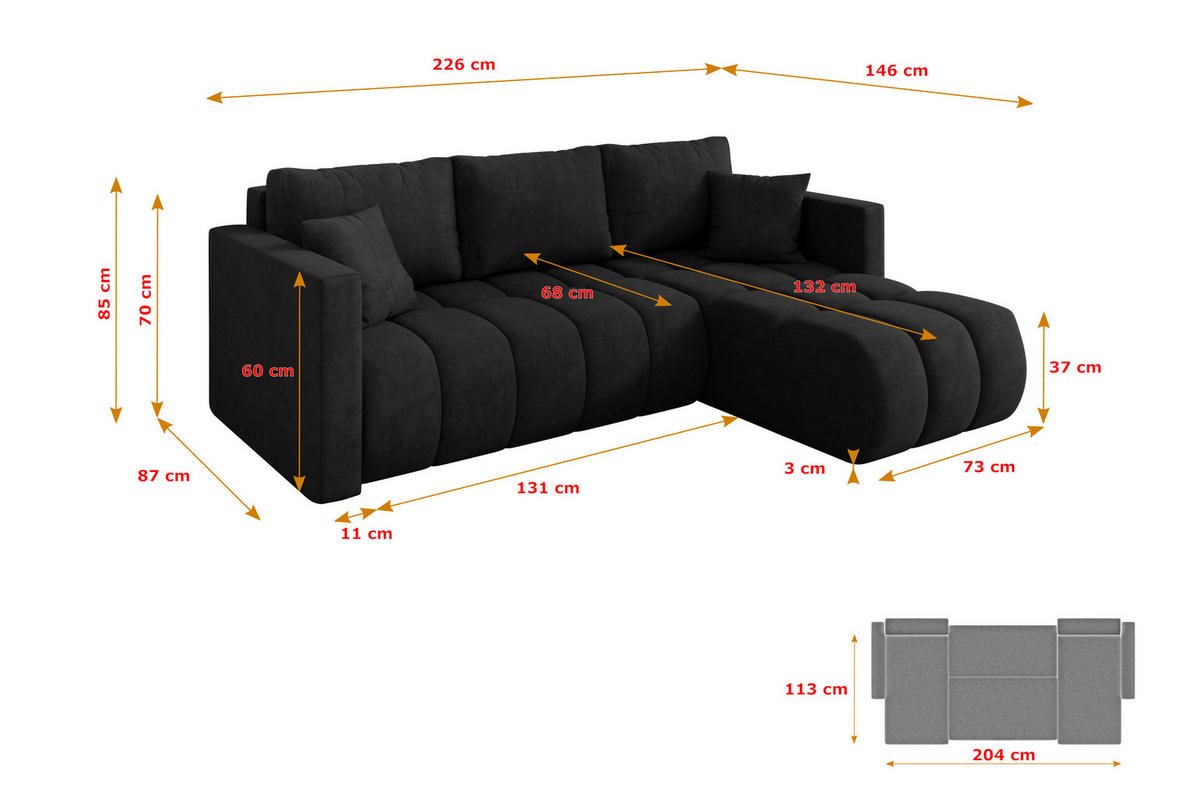 ROHOVÁ SEDAČKA s funkcí spaní, otoman vpravo GARD-L 226x146x85 černá velur - černá, kompozitní dřevo/textil (226/146cm) - ALTDECOR