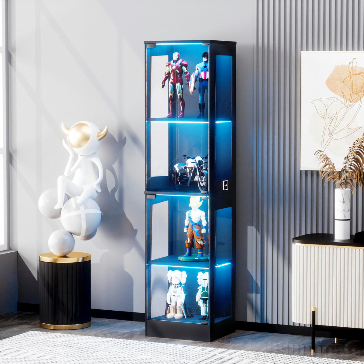 VITRINENSCHRANK mit LED Beleuchtung und Ladestation Schwarz - Schwarz, Glas (40/165/30cm) - PARAFTA HOME