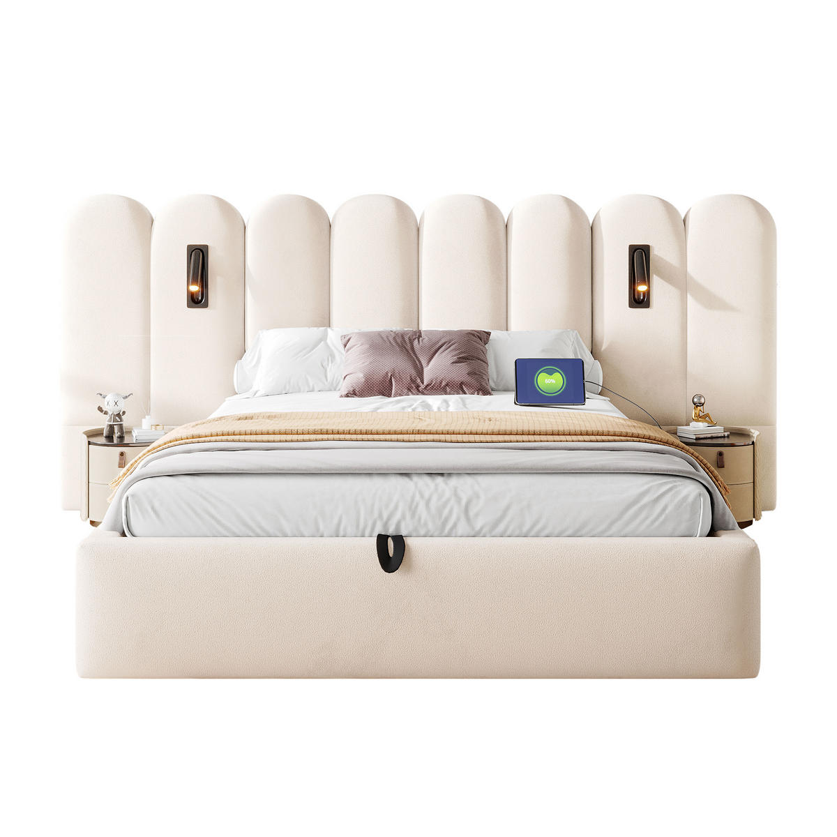 BOXBETT 160/200 mit Wolken Kopfteil, Bettkasten/Leselampe/USB, Samt, Beige - Beige, Holz/Textil (160/200cm) - LVHOM