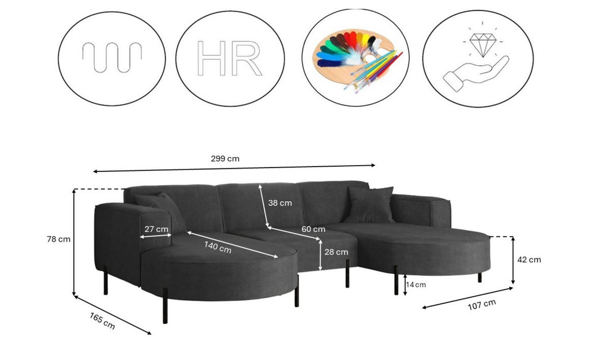 ECKSOFA U-Form Designer Modena Rein Stoff Noel Dunkelgrau - Dunkelgrau, Holz (165/299cm) - Kaiser Möbel