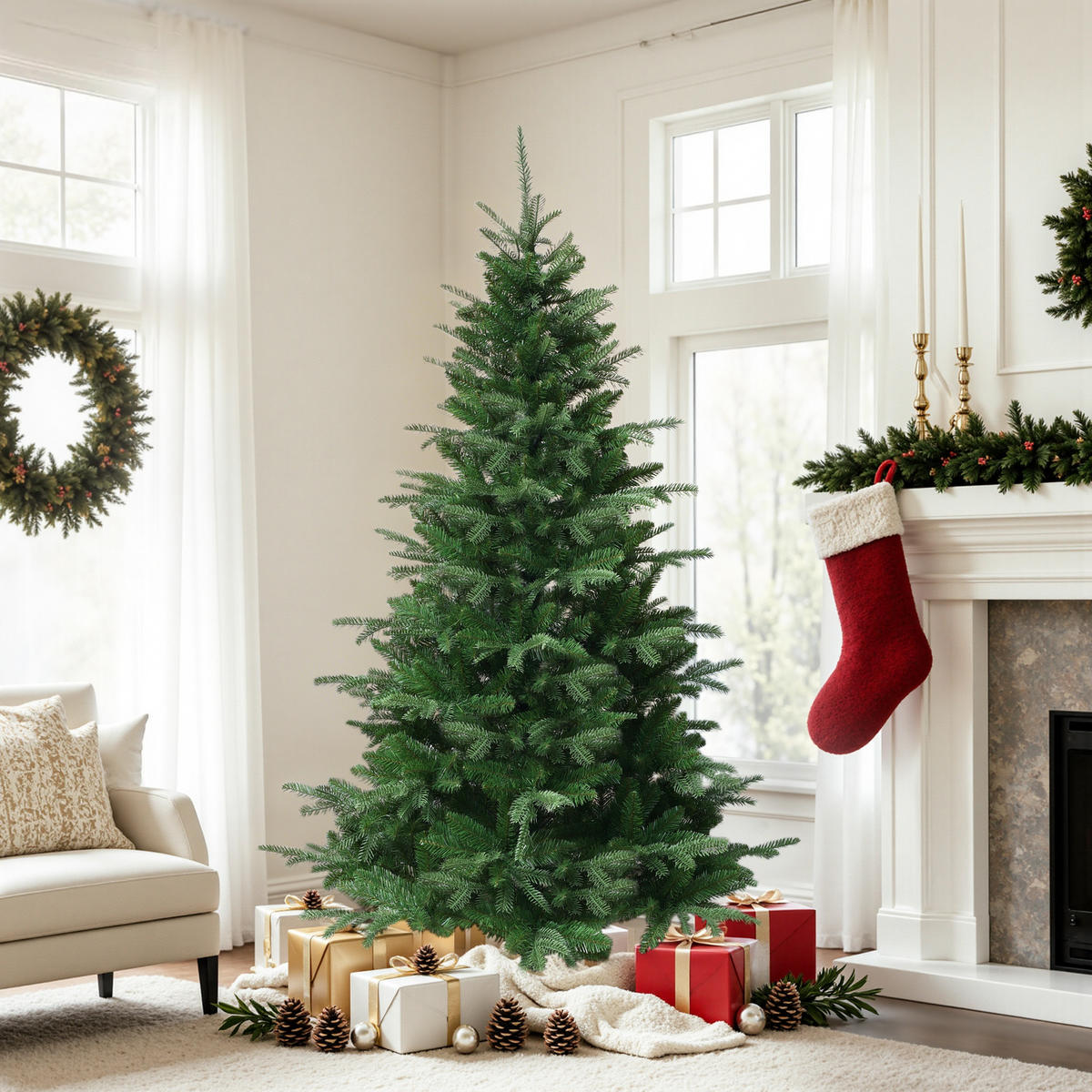 KÜNSTLICHER Weihnachtsbaum 180 cm, Naturgrün mit Metallständer - Grün, Kunststoff (180cm) - Hometopia